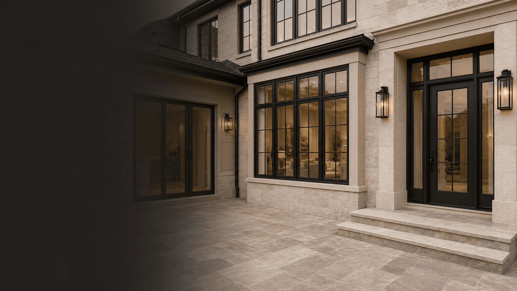 New-build property exterior with installed windows and patio doors