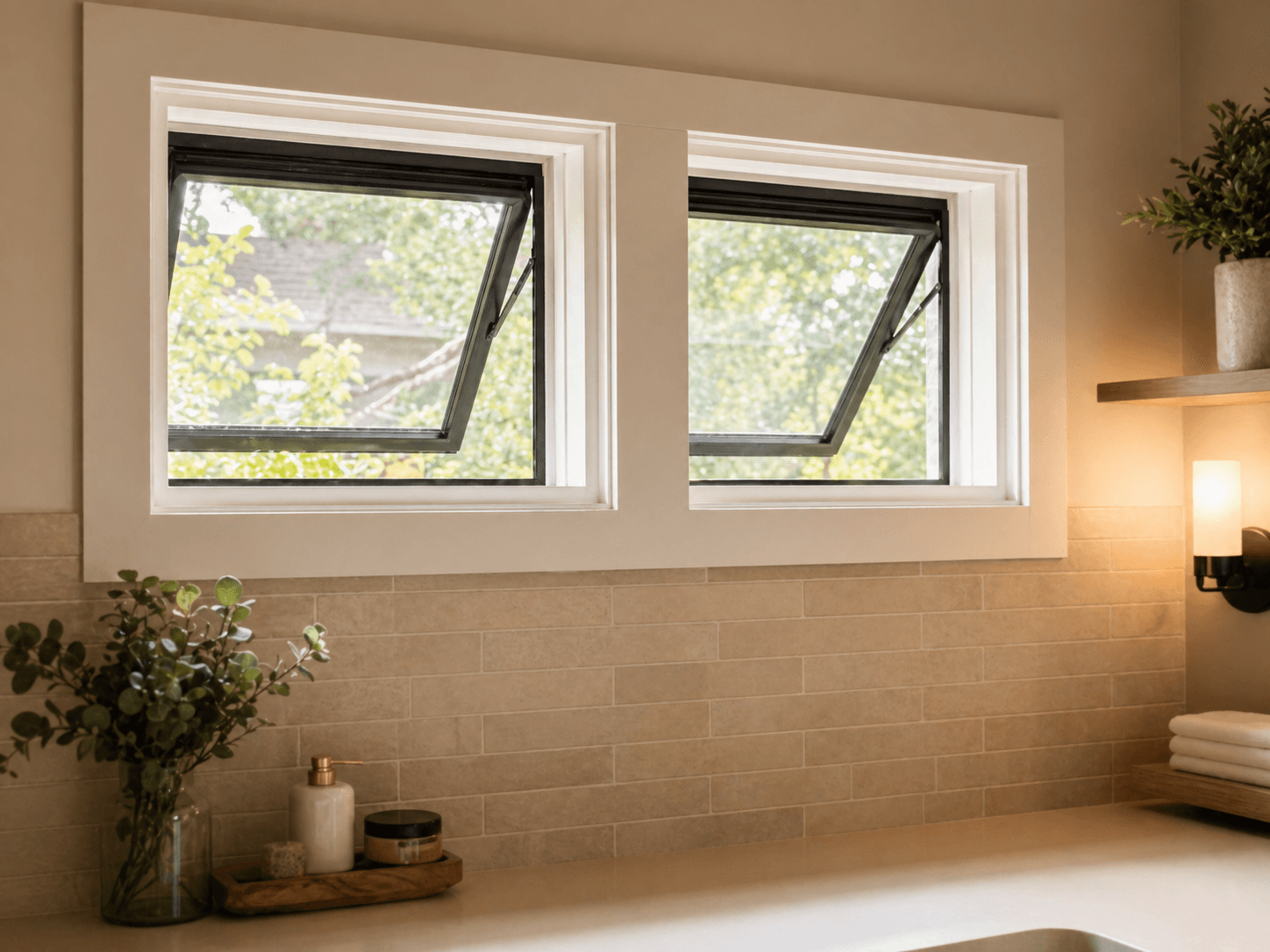 Compact awning windows above a clean new-build counter