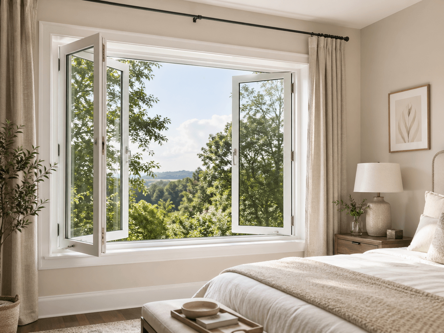 White casement windows open in a bright new-build bedroom