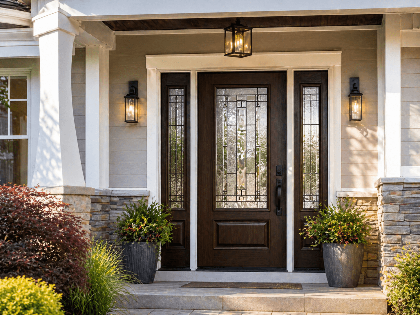Entry door with decorative glass insert and sidelites on a warm neutral entry