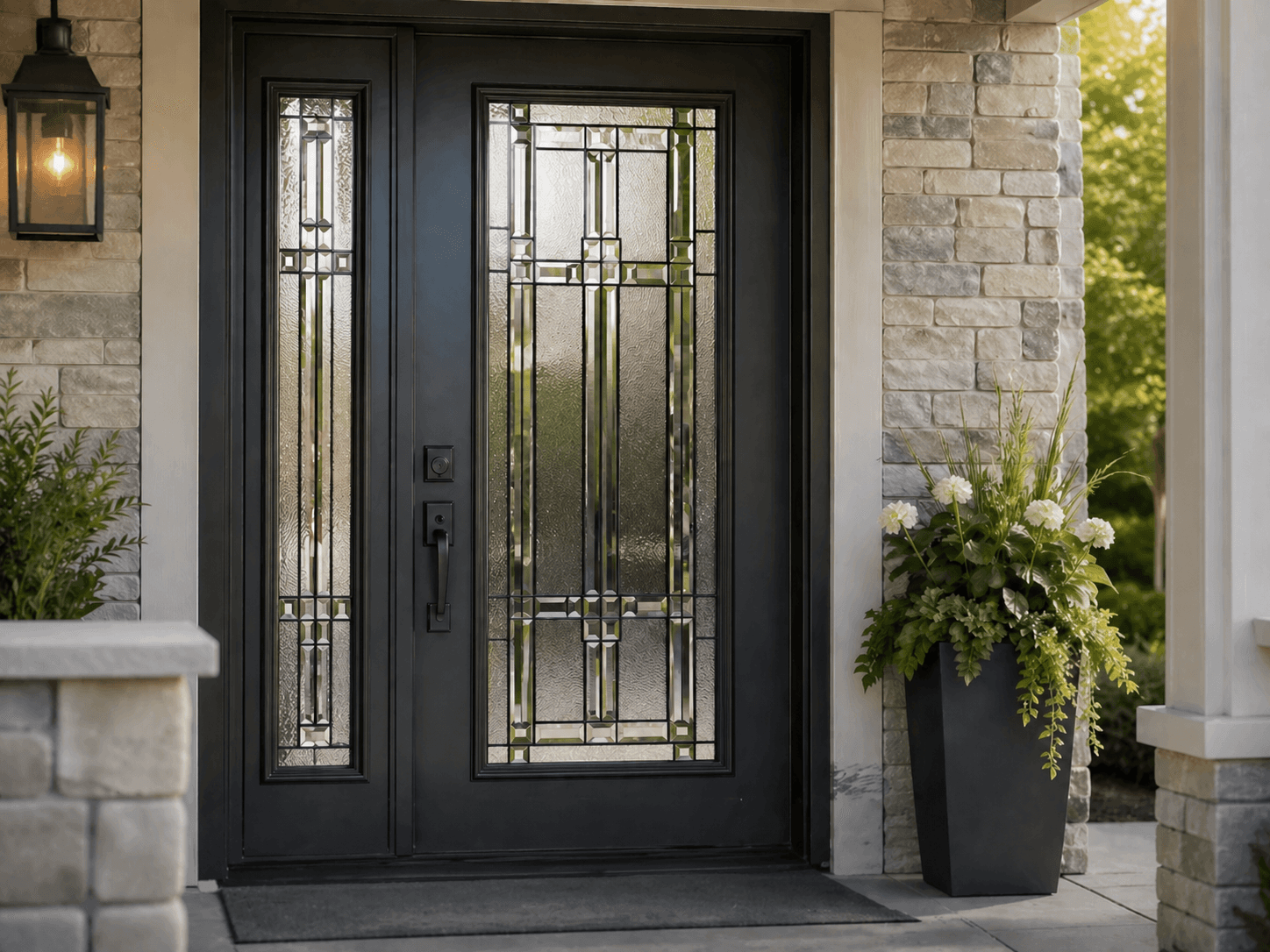 Black door with decorative glass insert and matching sidelite