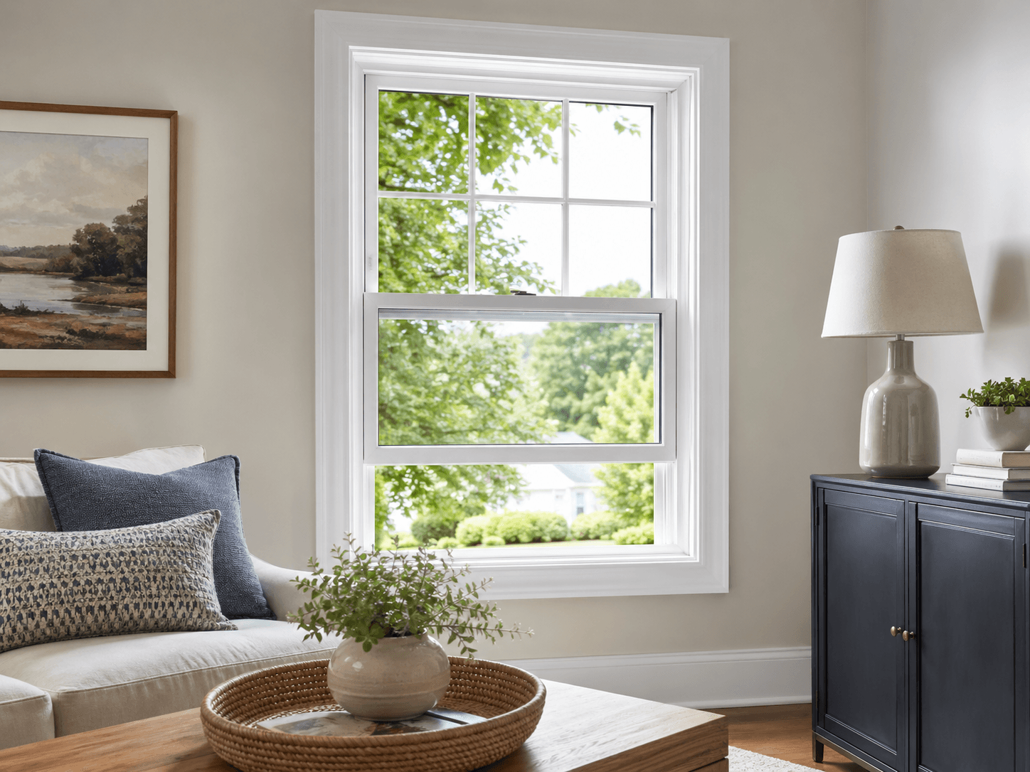 White double-hung window in a bright new-build living space