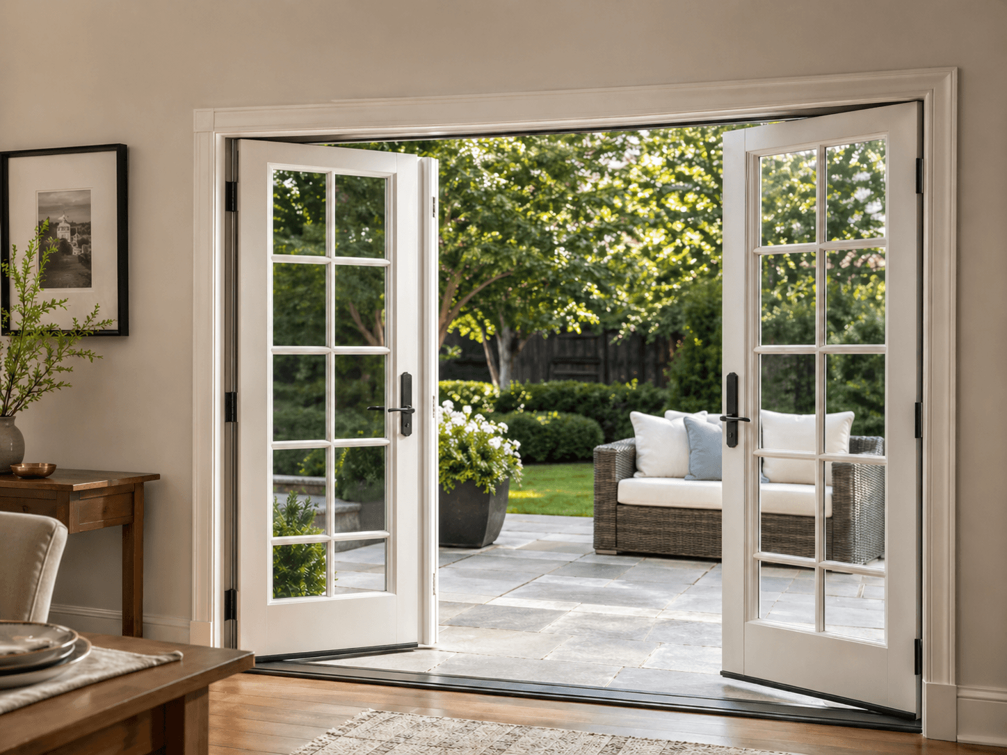 White French-style patio doors open to a landscaped patio