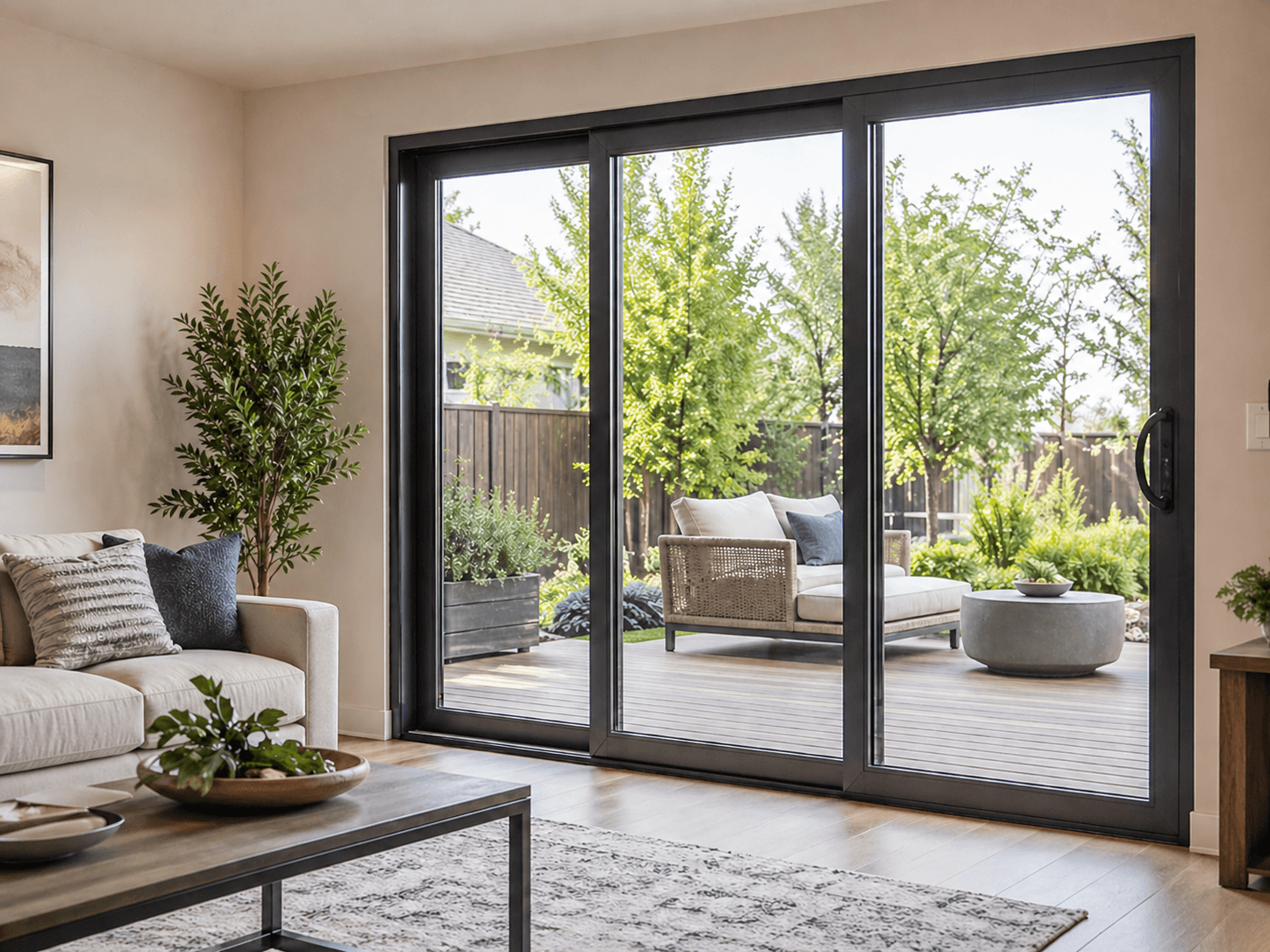 Black-framed patio doors connecting a new-build living room to a deck