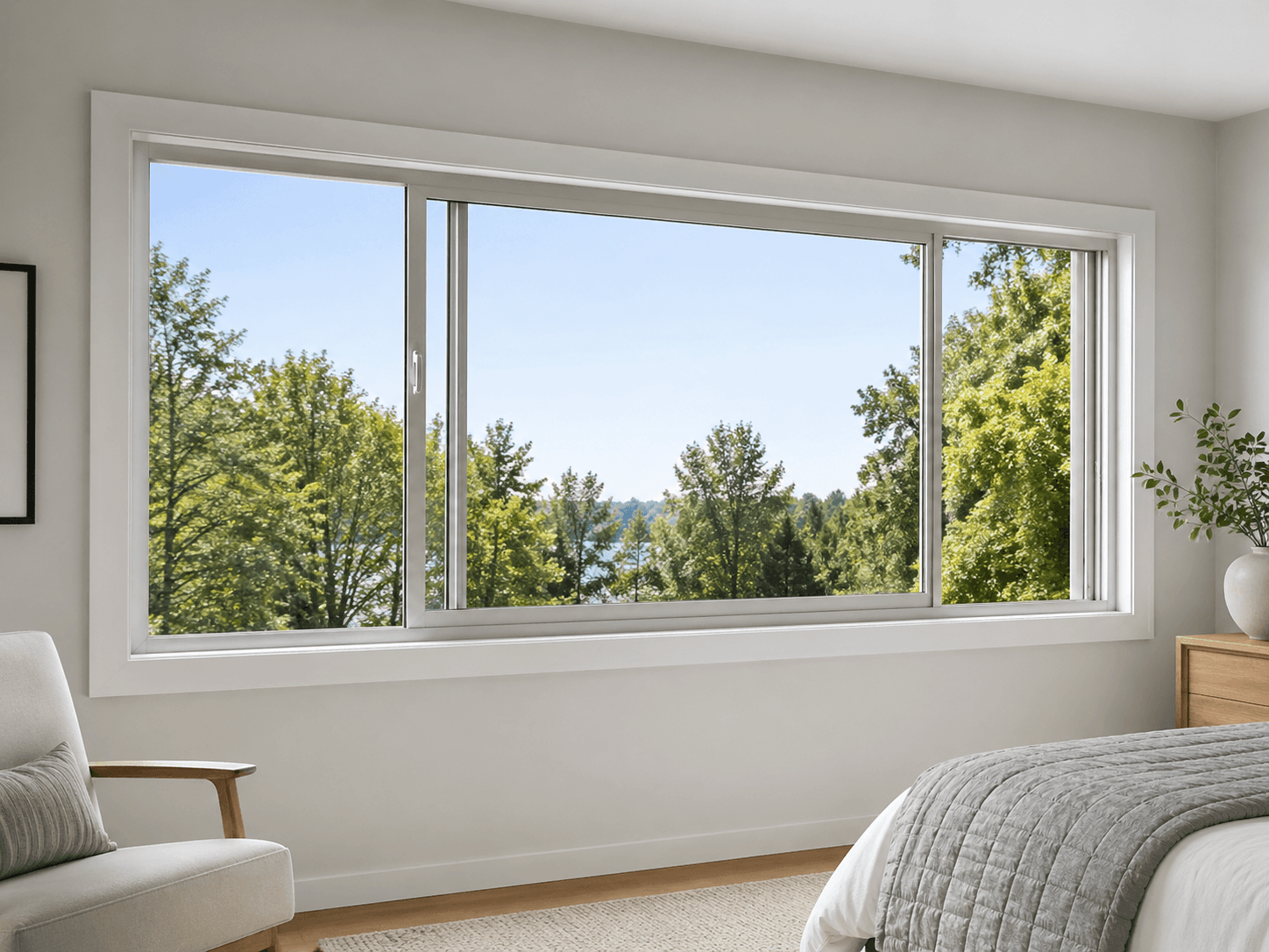 Wide white-framed sliding window in a bright new-build bedroom
