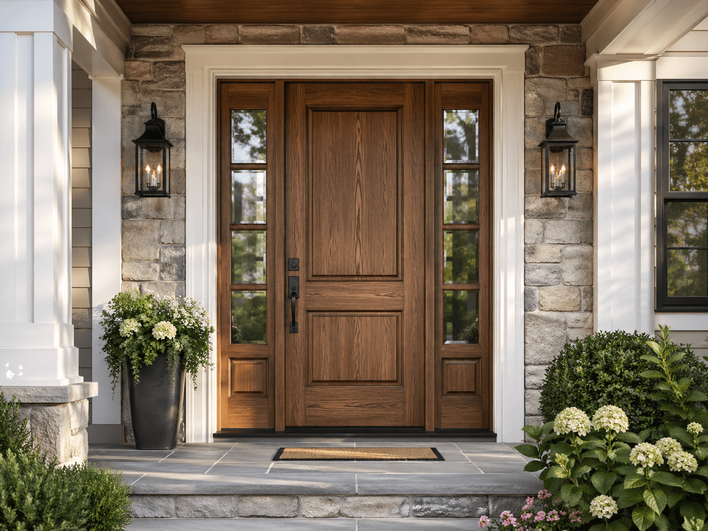 Woodgrain-style entry door with sidelites on a stone entry