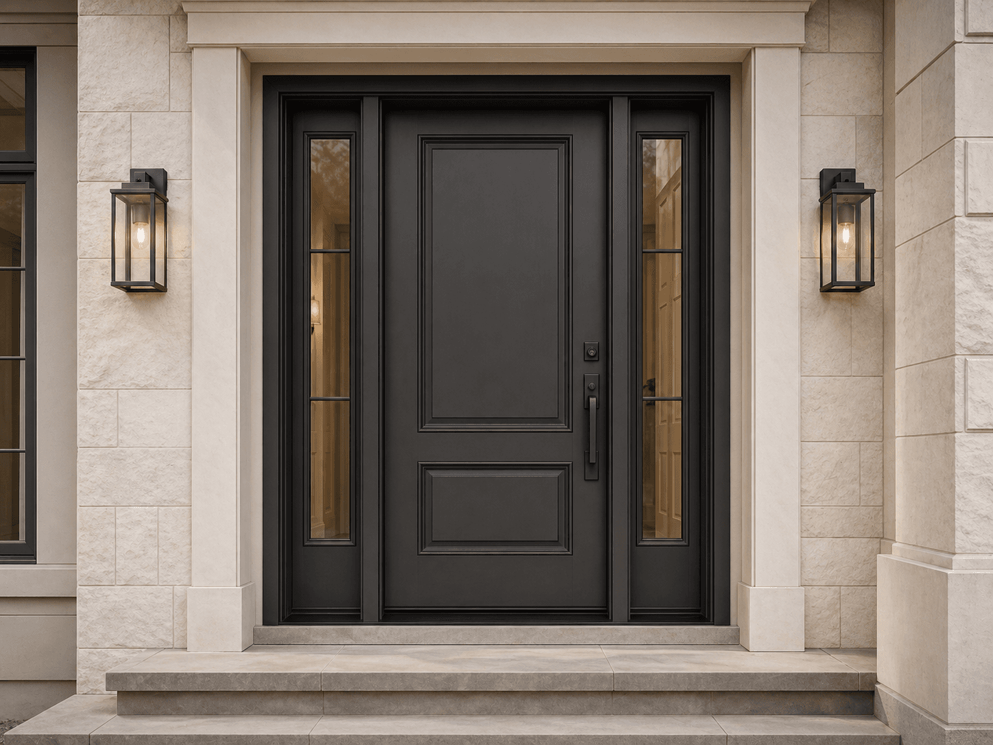 Premium charcoal front entry door with sidelites on a warm neutral exterior