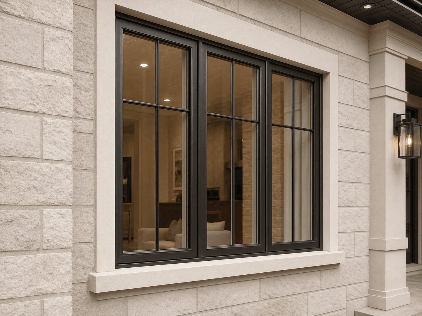 Neutral stone property exterior with newly installed dark-framed windows